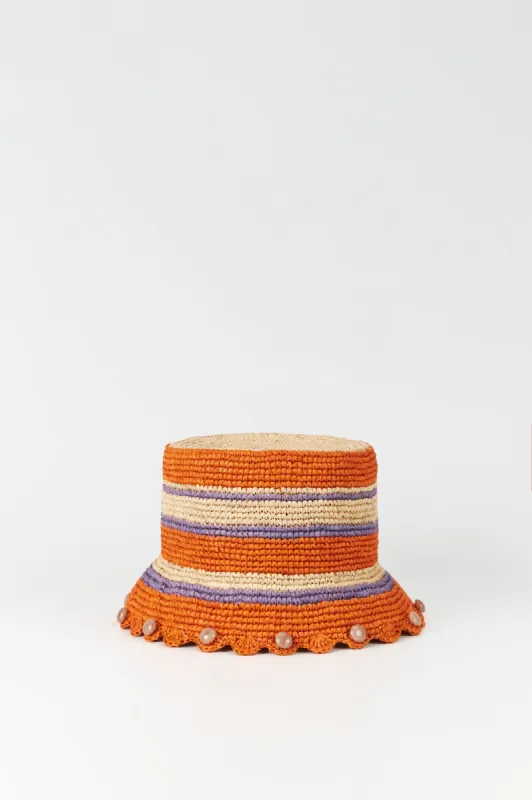 Orange & lilac striped crochet bucket hat sold by DESTREE