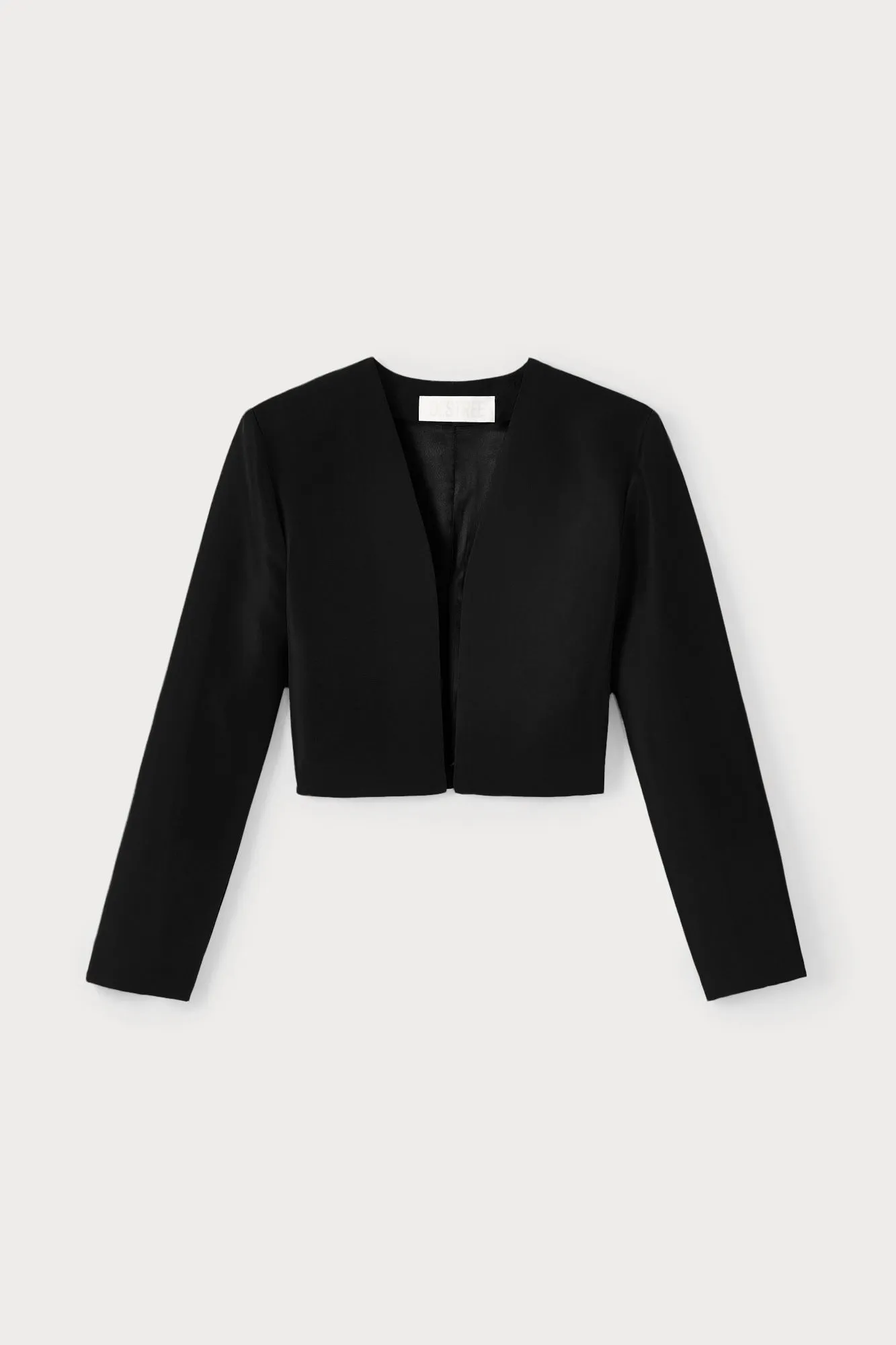Black satin cropped jacket sold by DESTREE