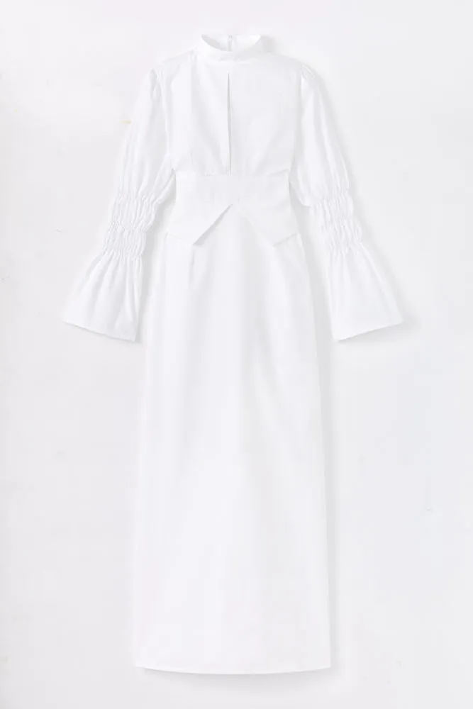 White poplin maxi dress with gathered sleeves sold by DESTREE