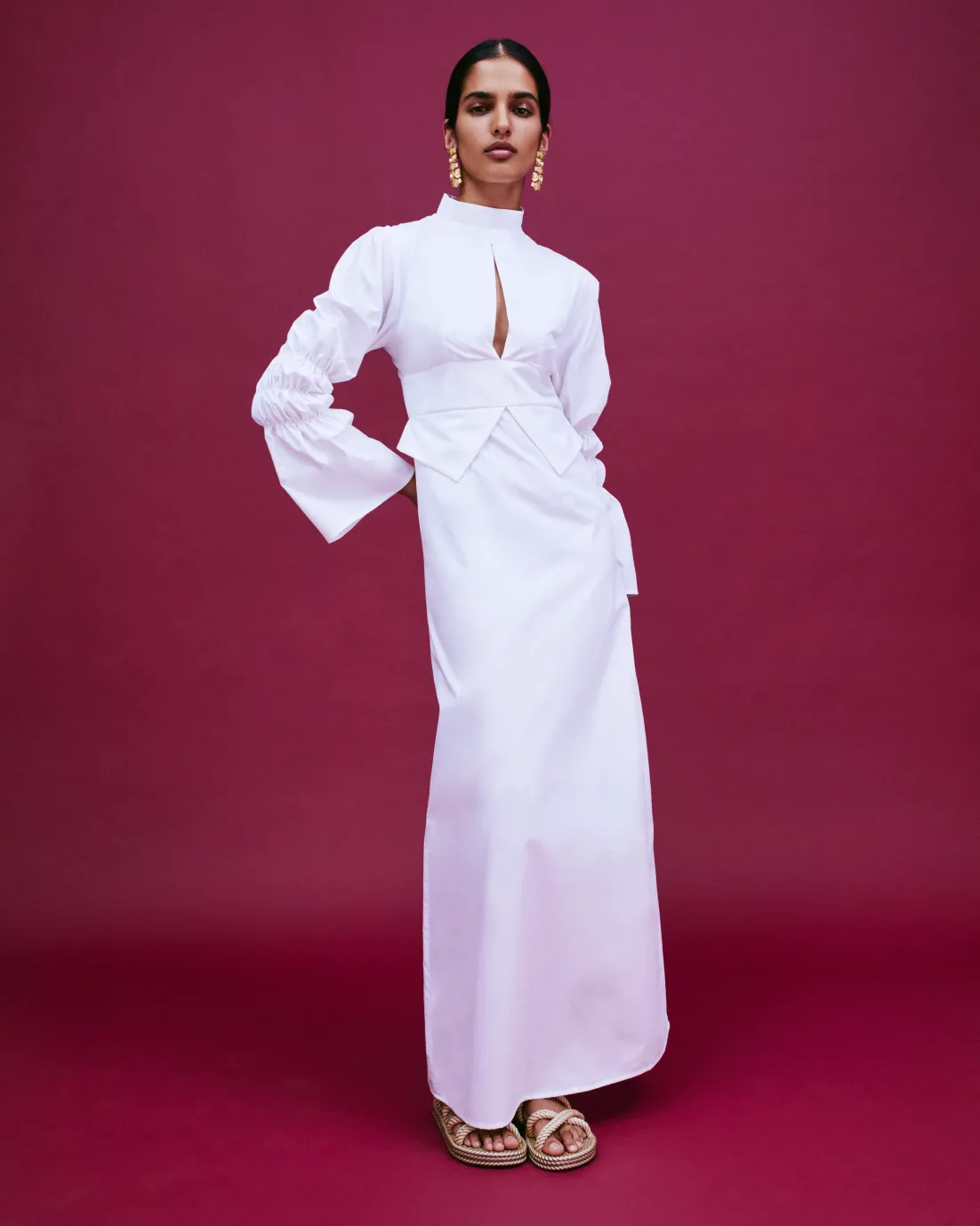 White poplin maxi dress with gathered sleeves sold by DESTREE product image thumbnail 2