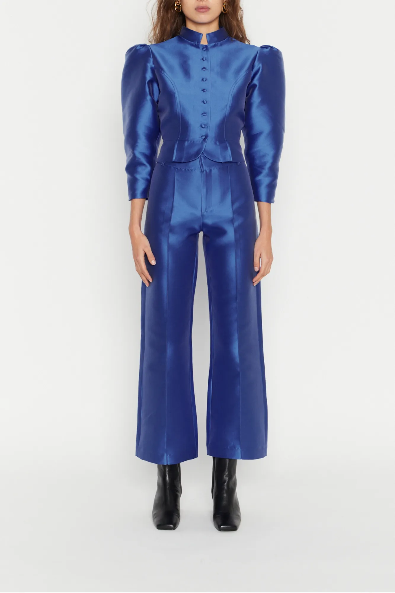 Cobalt satin flared pants sold by DESTREE