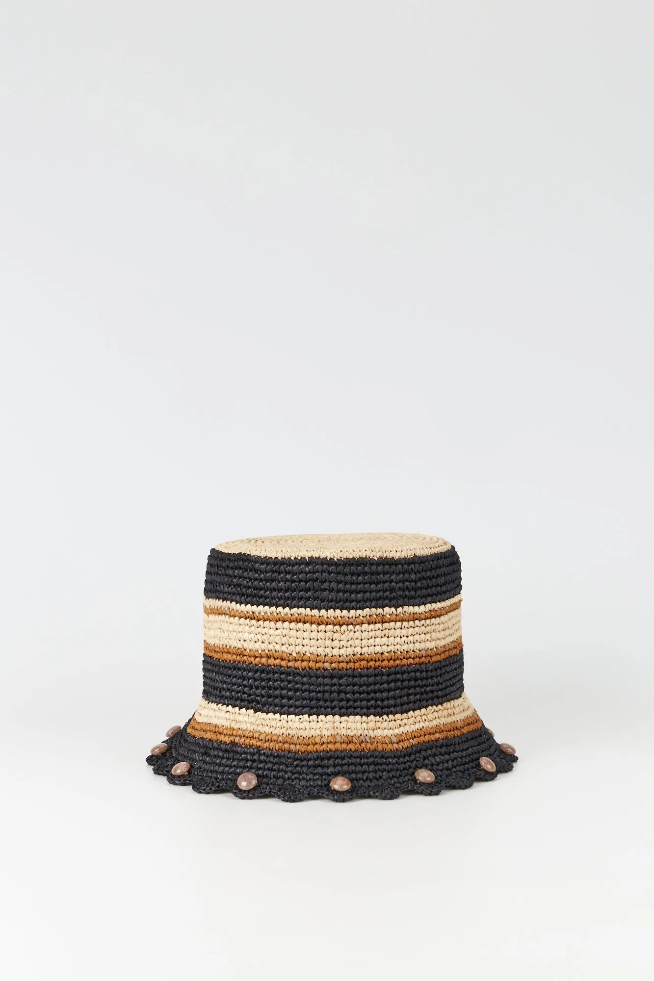 Black & brown striped crochet bucket hat sold by DESTREE
