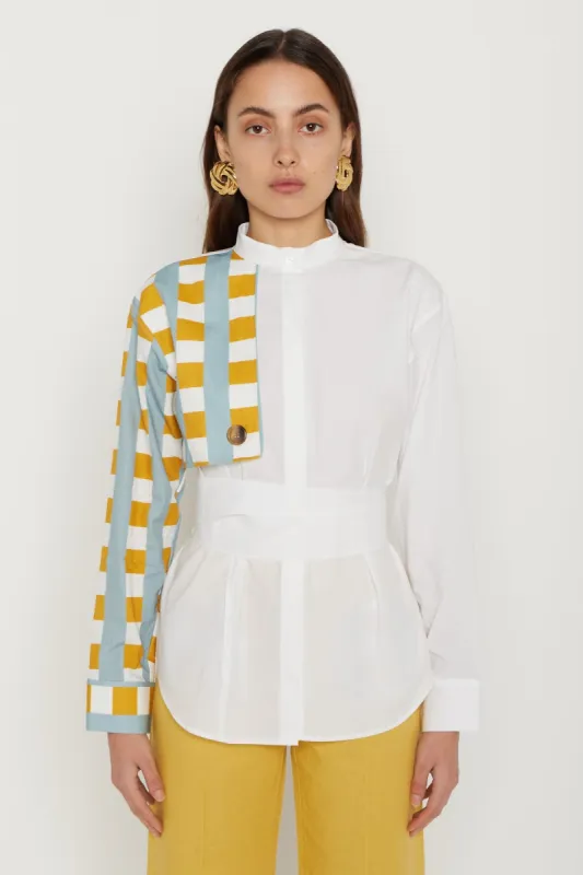 White Shirt with Checked Striped Sleeve sold by DESTREE