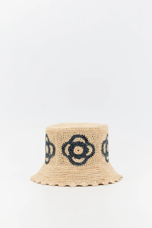 Crochet bucket hat with floral motif sold by DESTREE