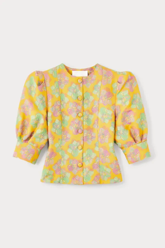 Floral yellow, pink & light green blouse with puff sleeves sold by DESTREE