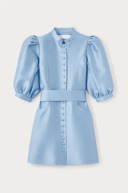 Niagara blue satin puff sleeve short dress sold by DESTREE