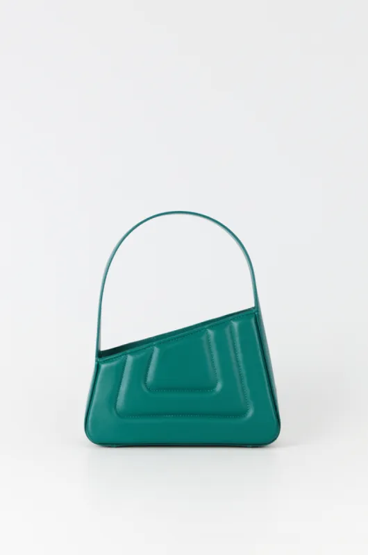 Peacock blue asymmetric leather quilted mini bag sold by DESTREE