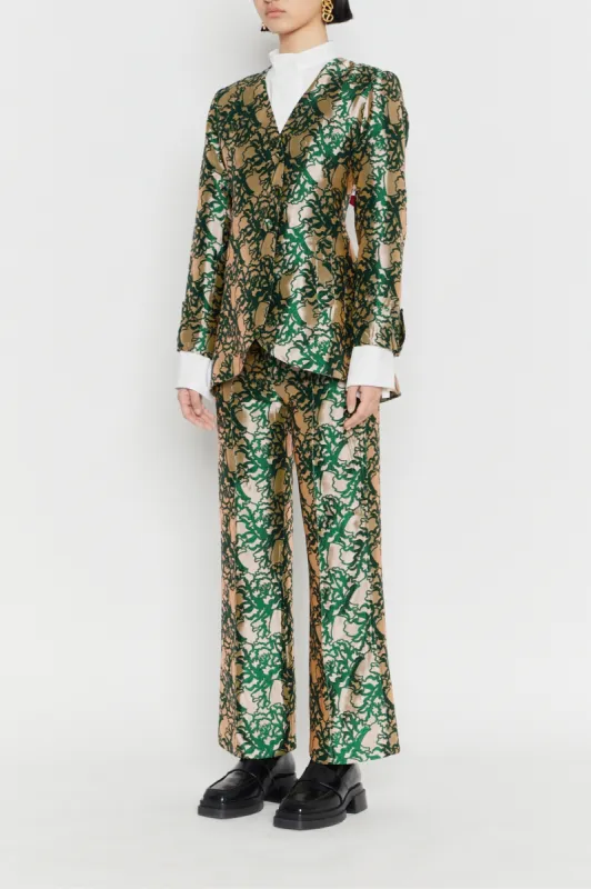 FOREST & BEIGE SATIN JACQUARD Fitted Long Blazer made by DESTREE