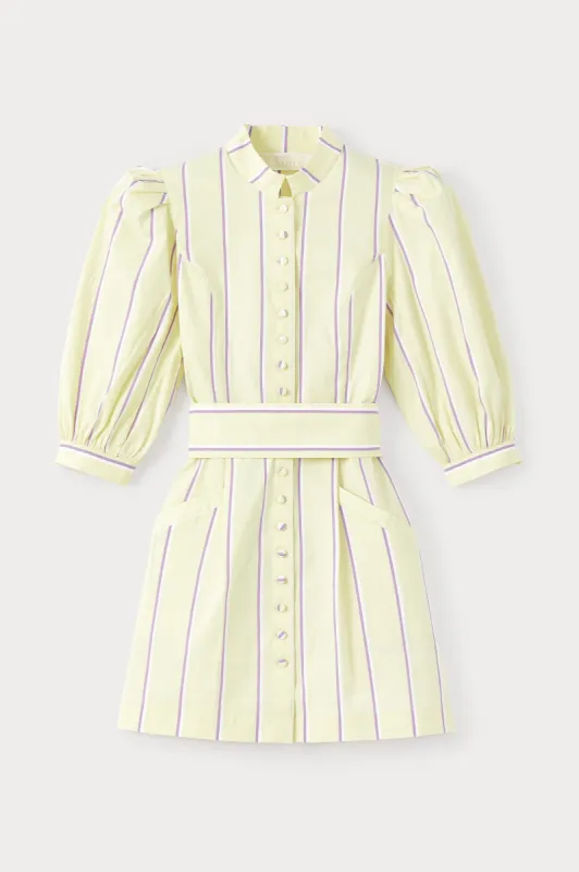 Yellow striped poplin puff sleeve mini dress sold by DESTREE