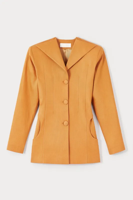 Orange denim jacket with wide lapels and button detail sold by DESTREE