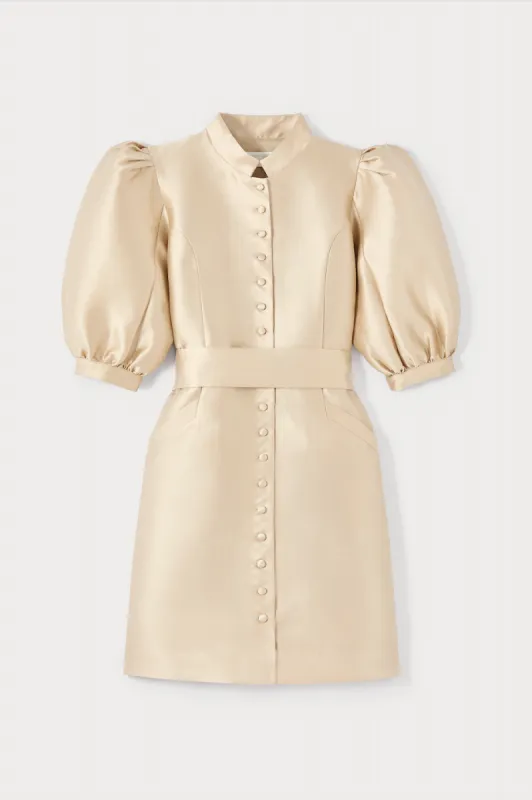 Beige satin puff sleeve short dress sold by DESTREE