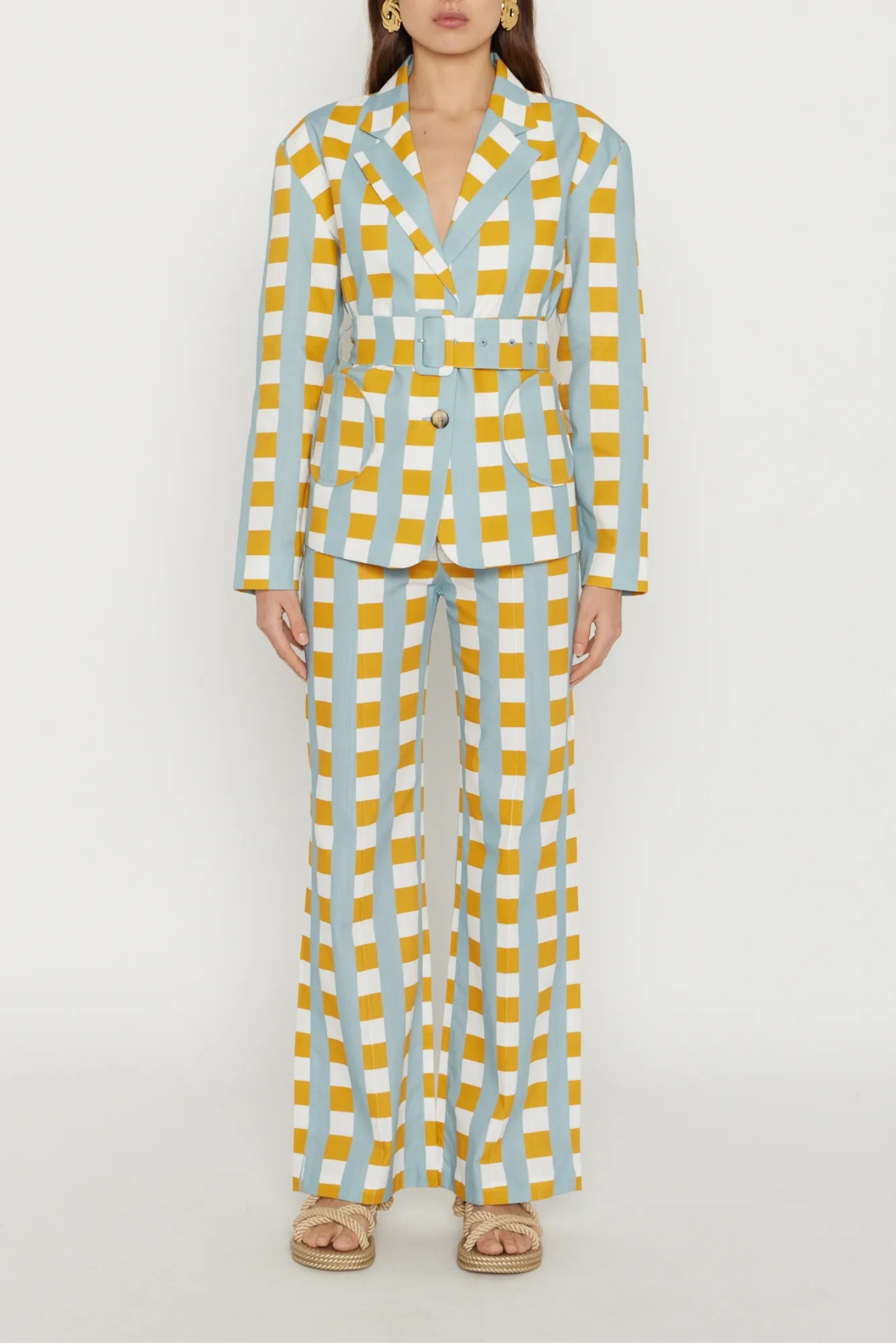 LIGHT BLUE MUSTARD CHECKER Flared Pants sold by DESTREE