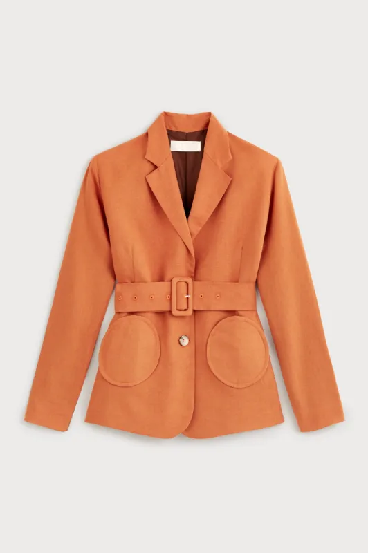 Orange & chestnut belted blazer made by DESTREE
