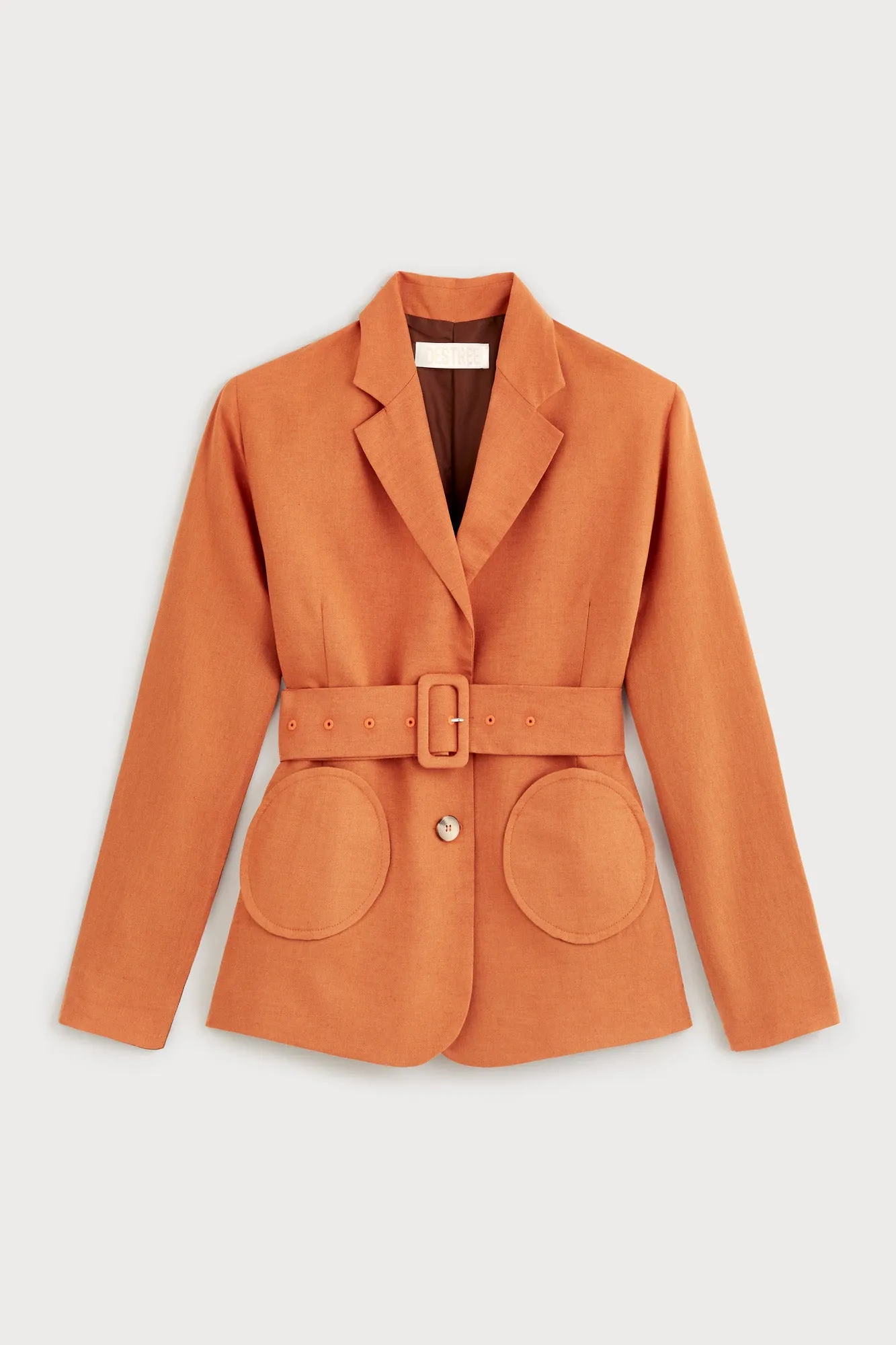 Orange & chestnut belted blazer sold by DESTREE