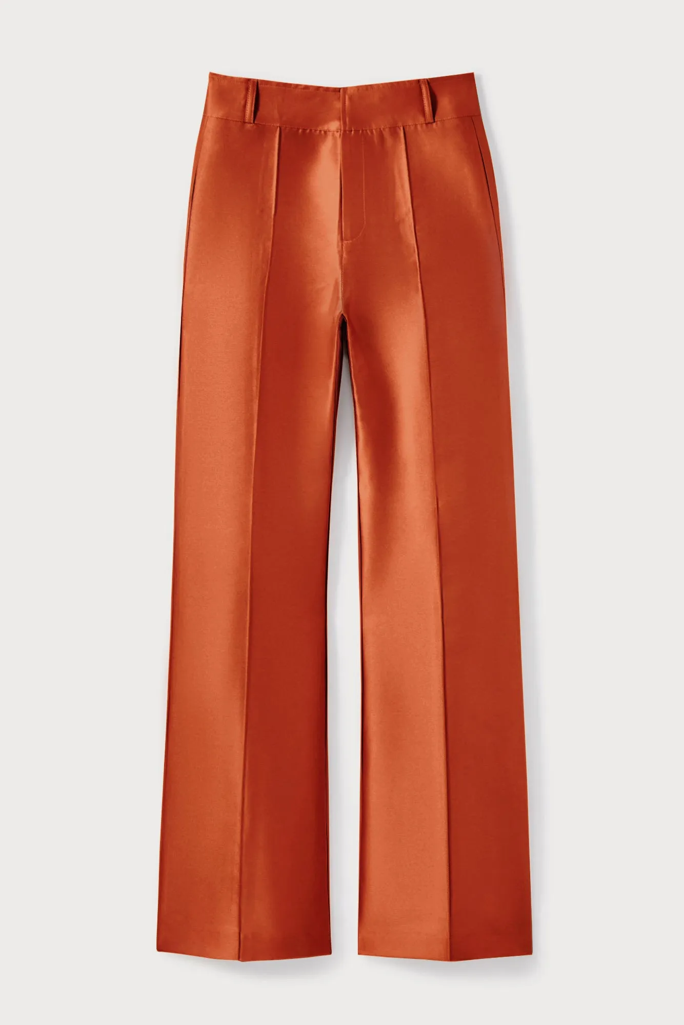 Terracotta satin flared pants sold by DESTREE