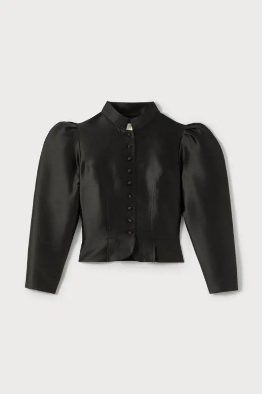 Black satin puff sleeve jacket sold by DESTREE
