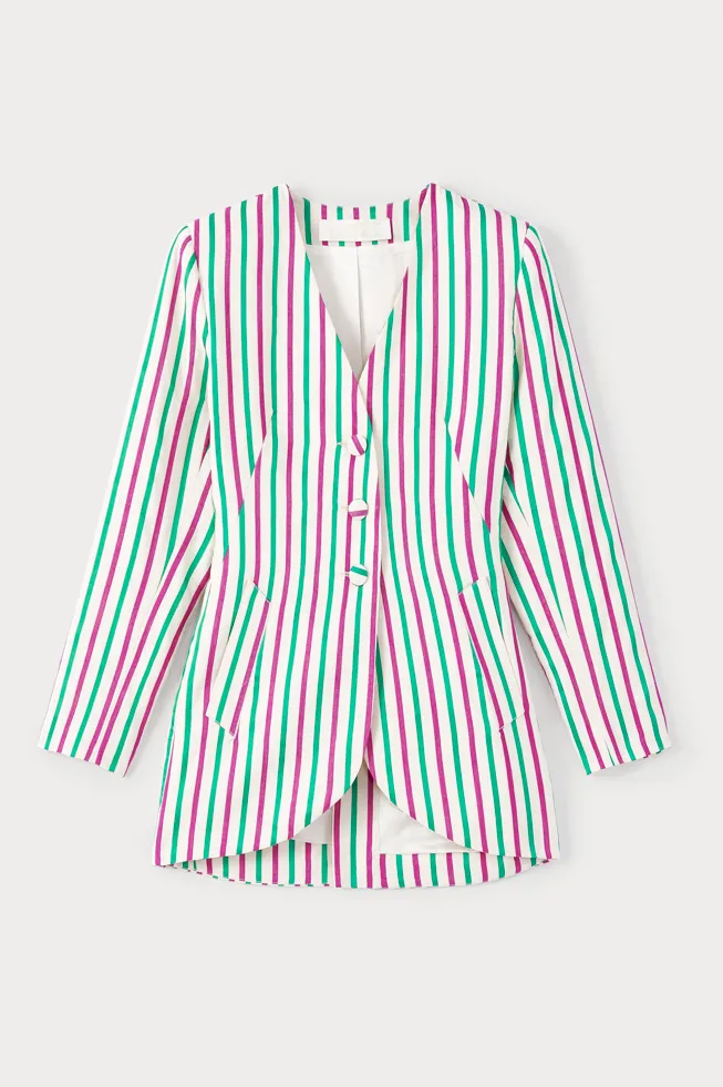Ruby & green striped fitted long blazer sold by DESTREE