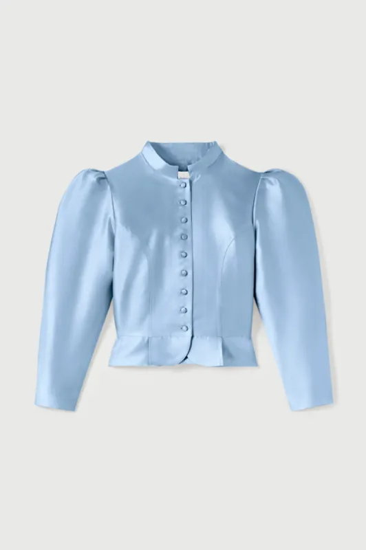 Niagara blue satin puff sleeve jacket sold by DESTREE
