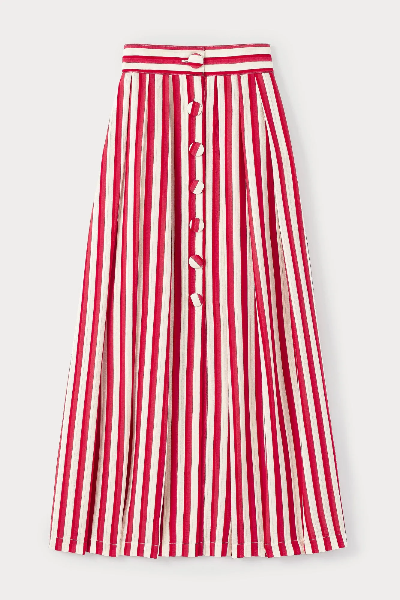 RED & ECRU Striped Maxi Skirt with Button Detail sold by DESTREE