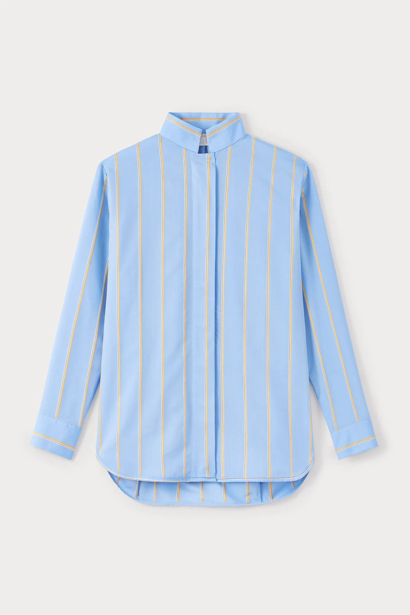 Yellow and blue striped button-up shirt sold by DESTREE