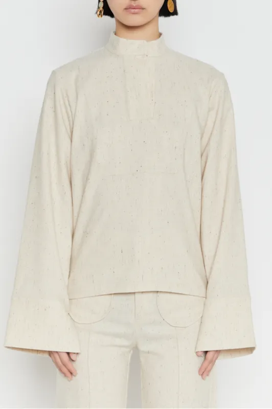 Ecru fleck shirt with band collar sold by DESTREE