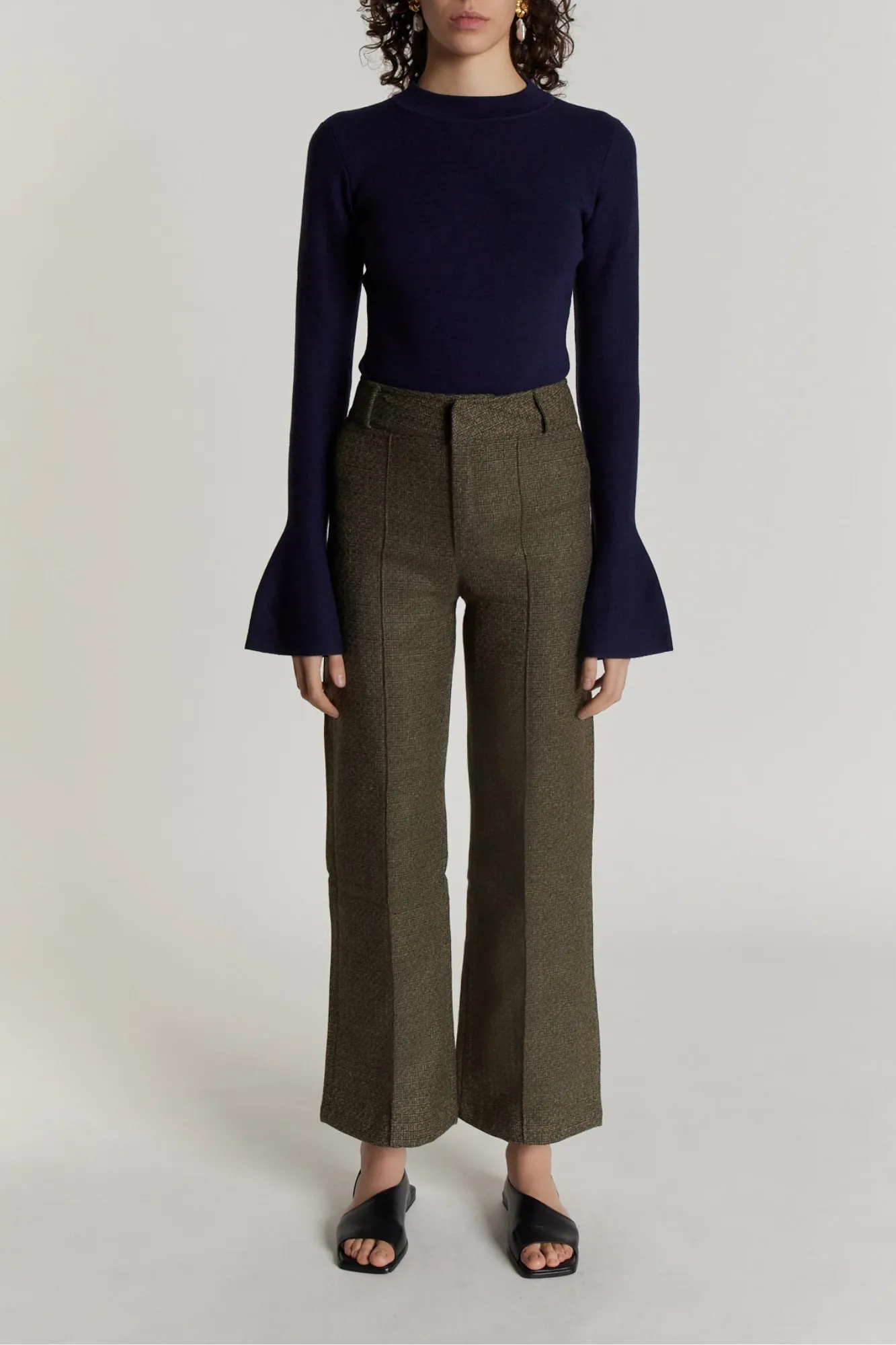 Graphic wool flared pants sold by DESTREE