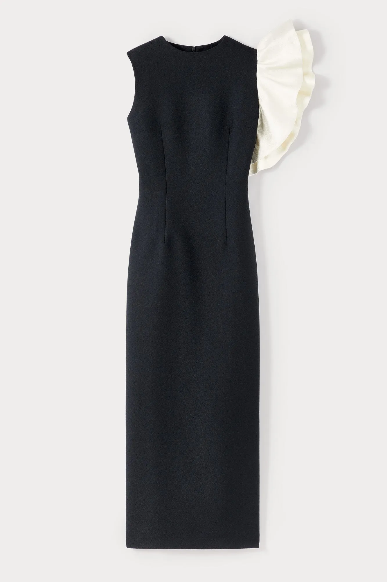 Black & white crepe midi dress with asymmetric ruffle detail sold by DESTREE