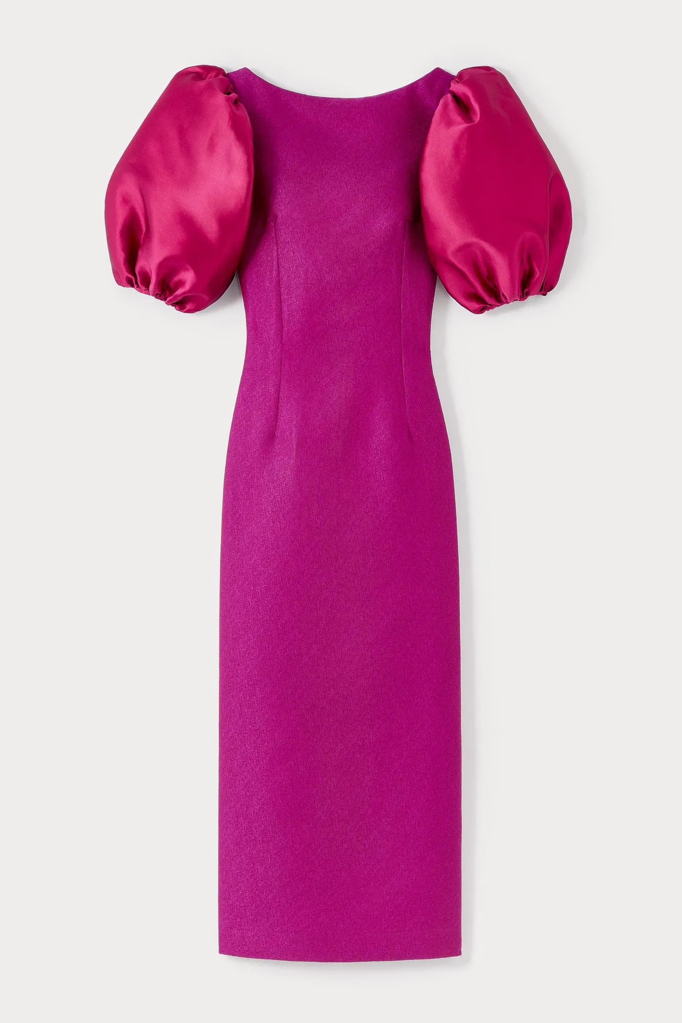 Fuchsia structured puff sleeve midi dress sold by DESTREE