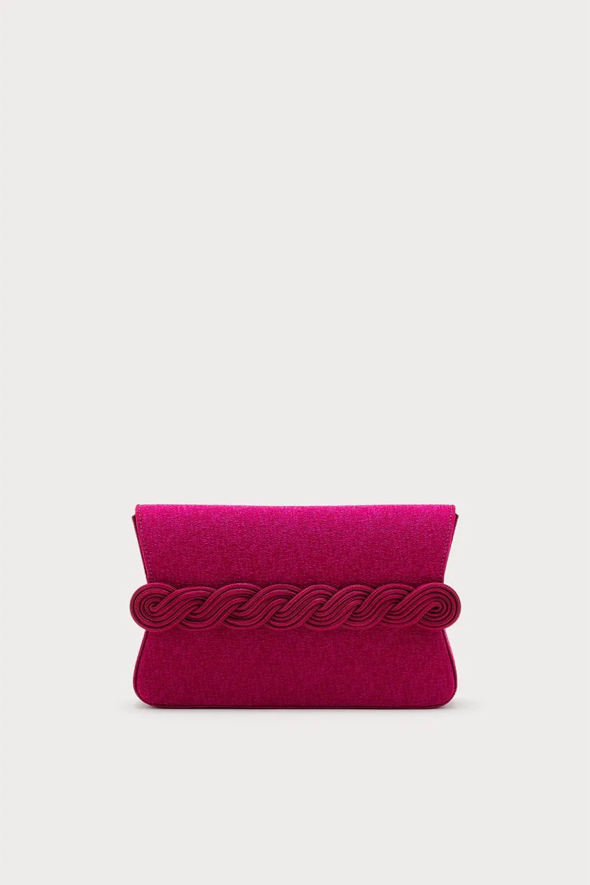 Fuchsia crepe clutch with braided passementerie sold by DESTREE