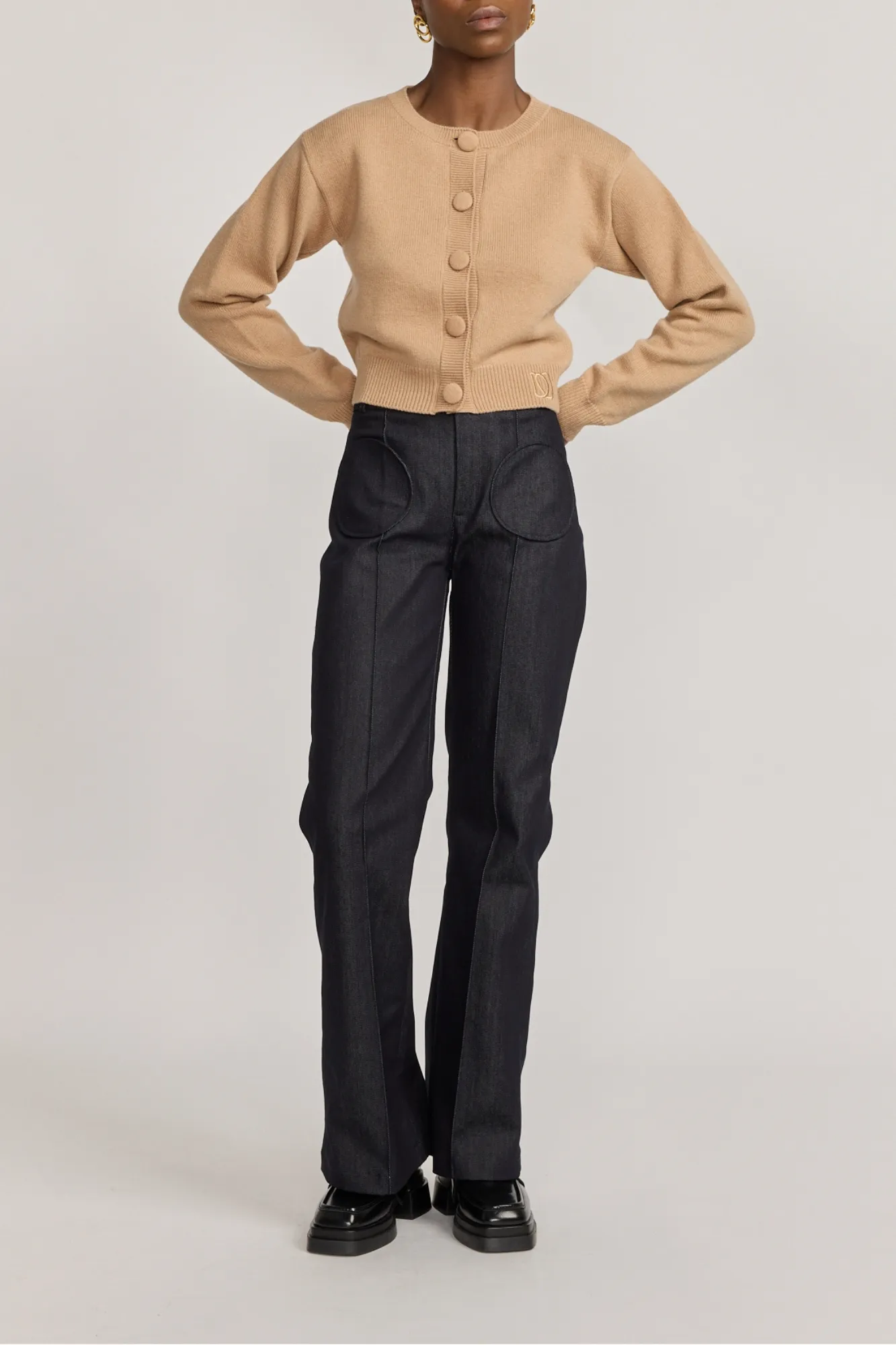 Beige buttoned cropped cardigan sold by DESTREE