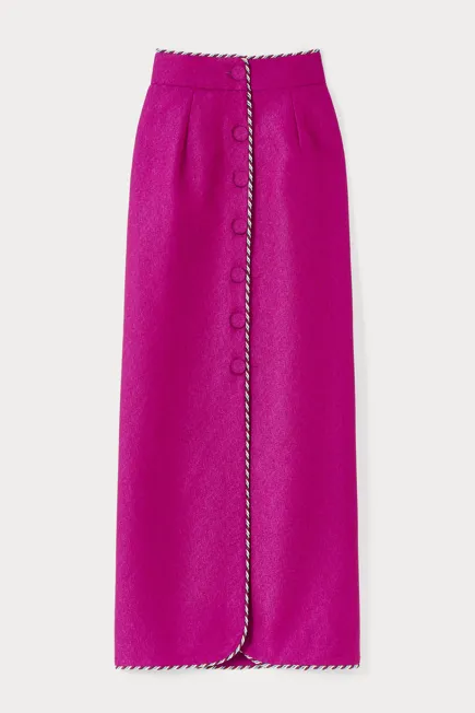 Fuchsia button-front midi skirt with braided trim sold by DESTREE