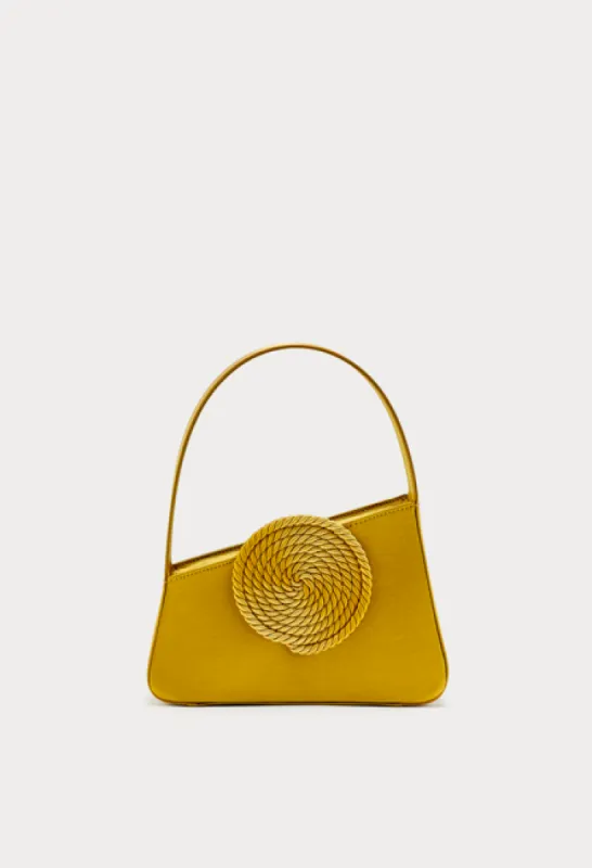 Antic gold asymmetric mini satin bag with passementerie details sold by DESTREE