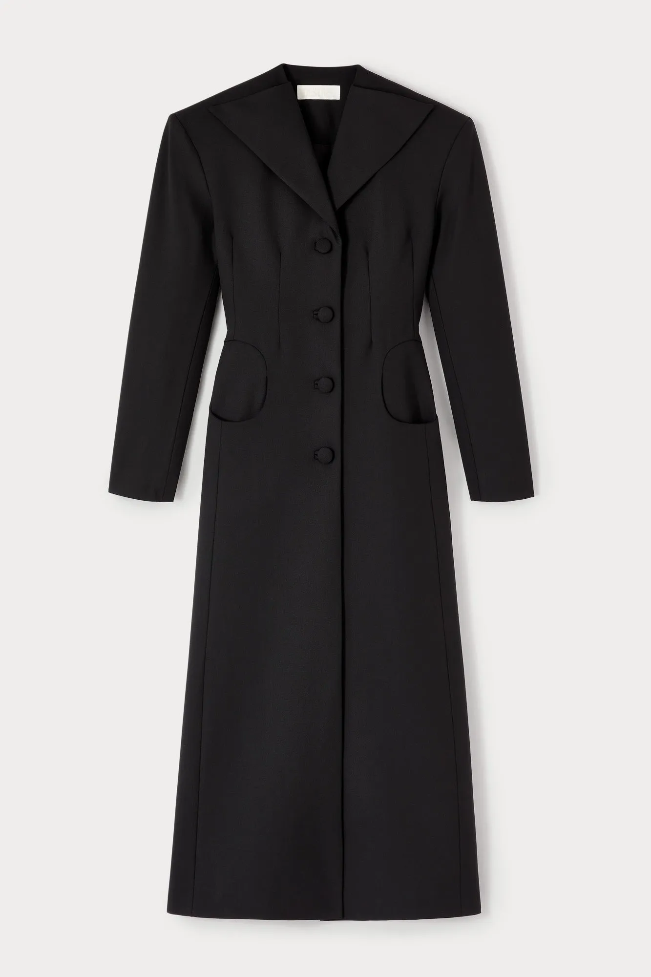 Tailor black long coat with shawl collar and button details sold by DESTREE