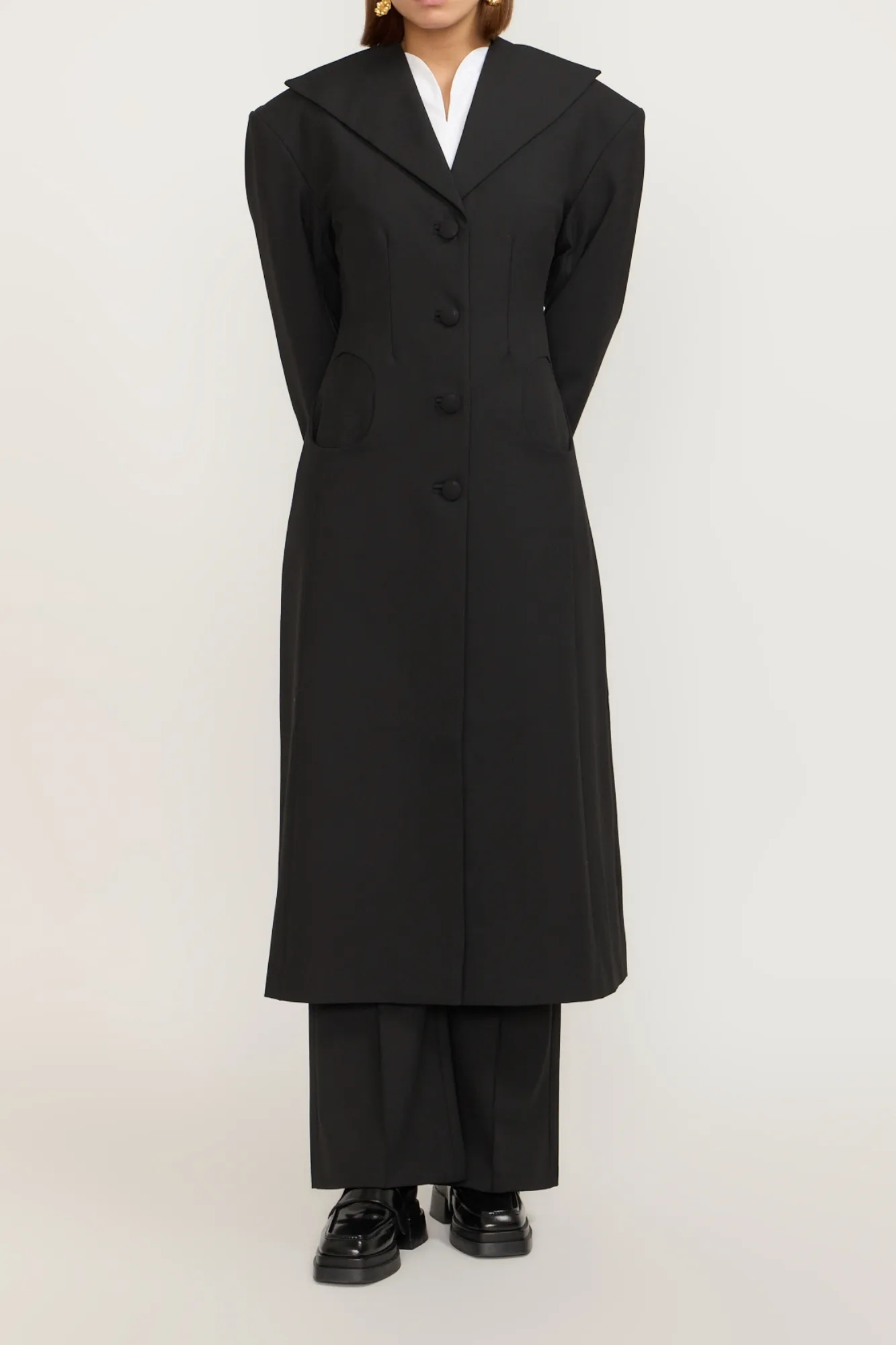 Tailor black long coat with shawl collar and button details sold by DESTREE product image thumbnail 4