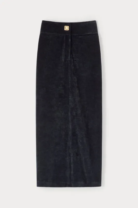 Black velvet midi skirt sold by DESTREE