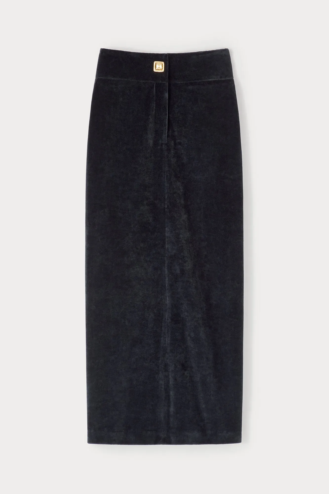 Black velvet midi skirt sold by DESTREE