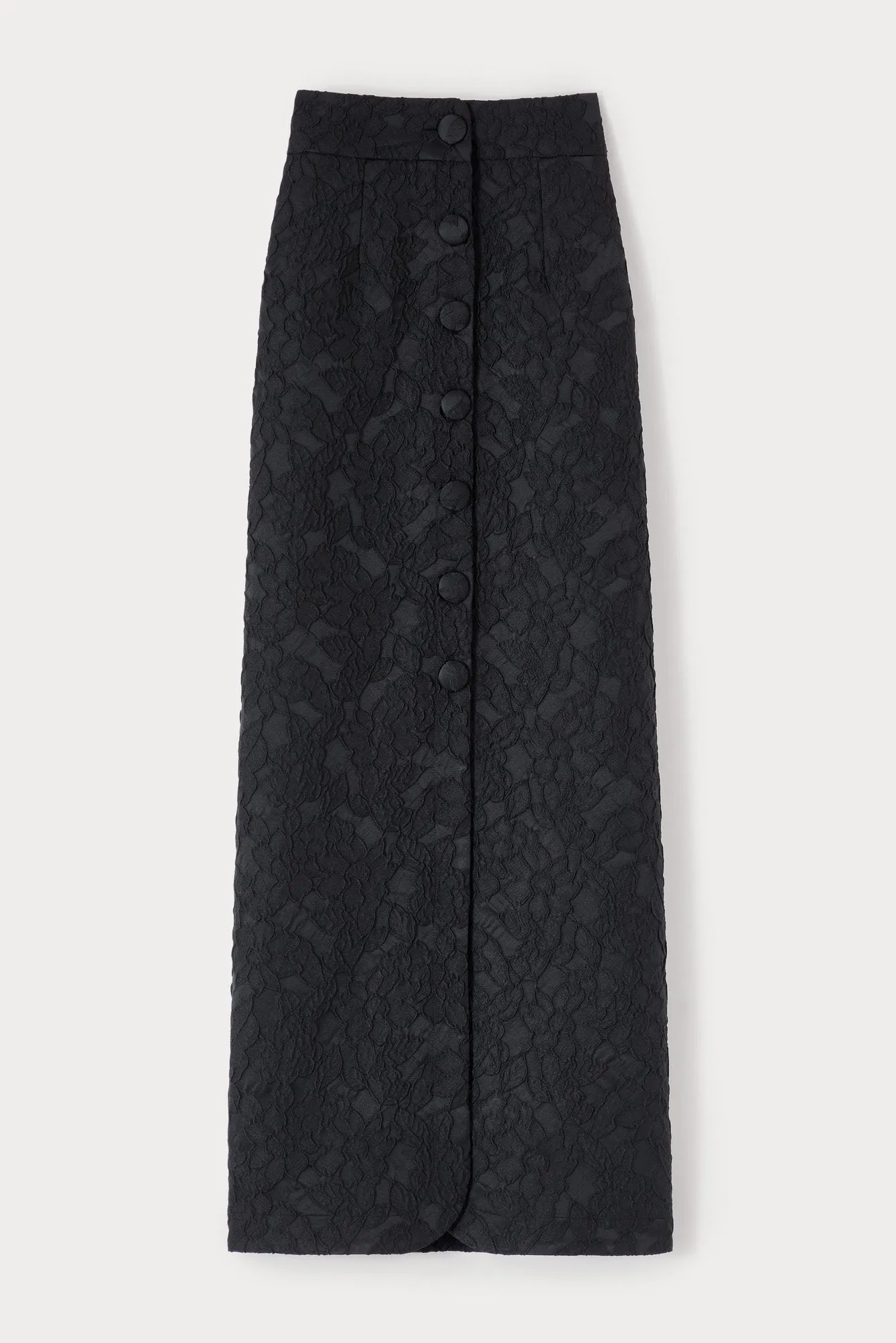 Black embossed button-front midi skirt sold by DESTREE