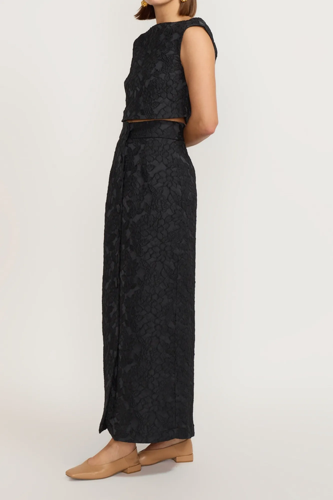 Black embossed button-front midi skirt sold by DESTREE product image thumbnail 2