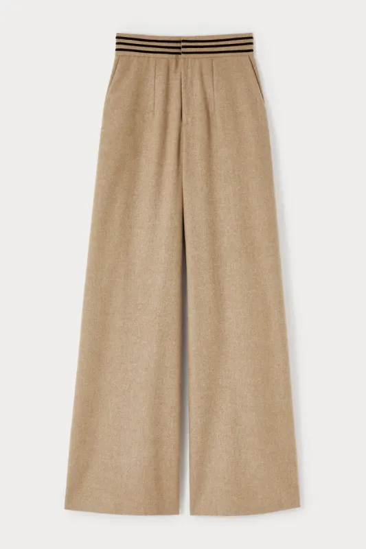 Beige soft wool wide-leg pants with a tailored fit sold by DESTREE