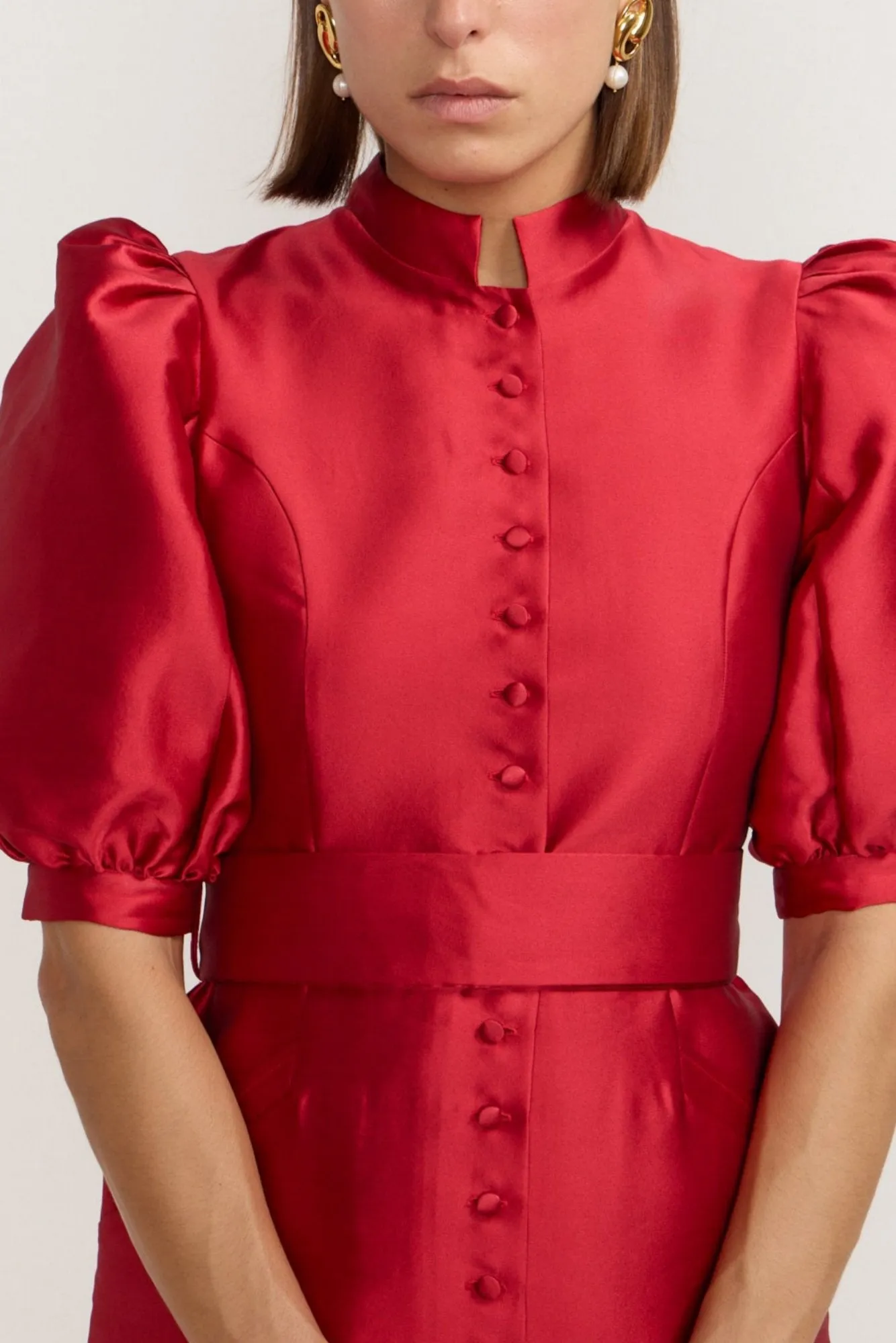 Red satin puff sleeve short dress sold by DESTREE product image thumbnail 4