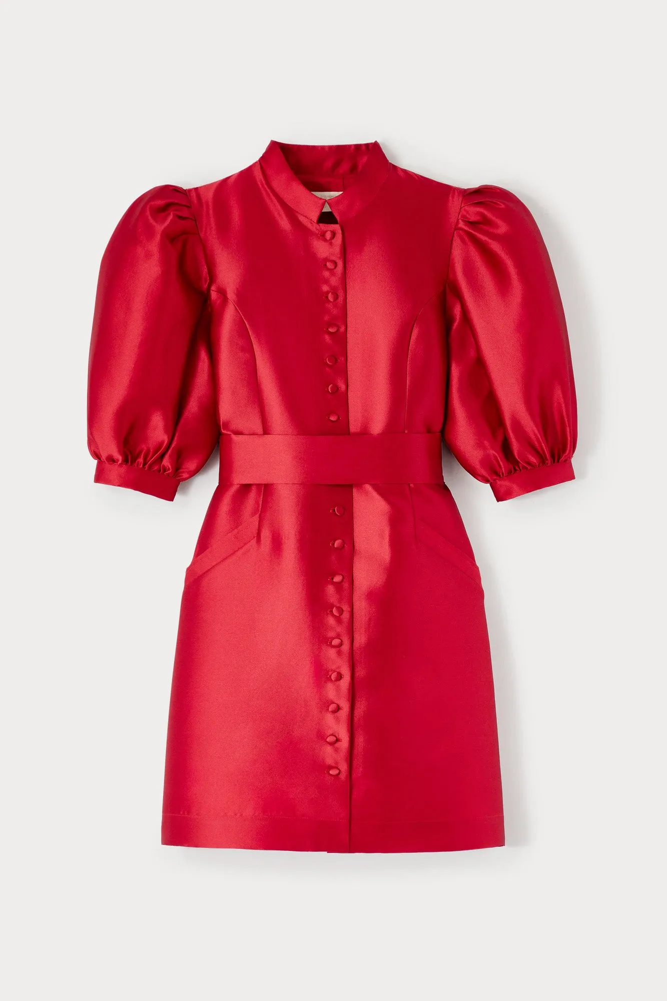 Red satin puff sleeve short dress sold by DESTREE