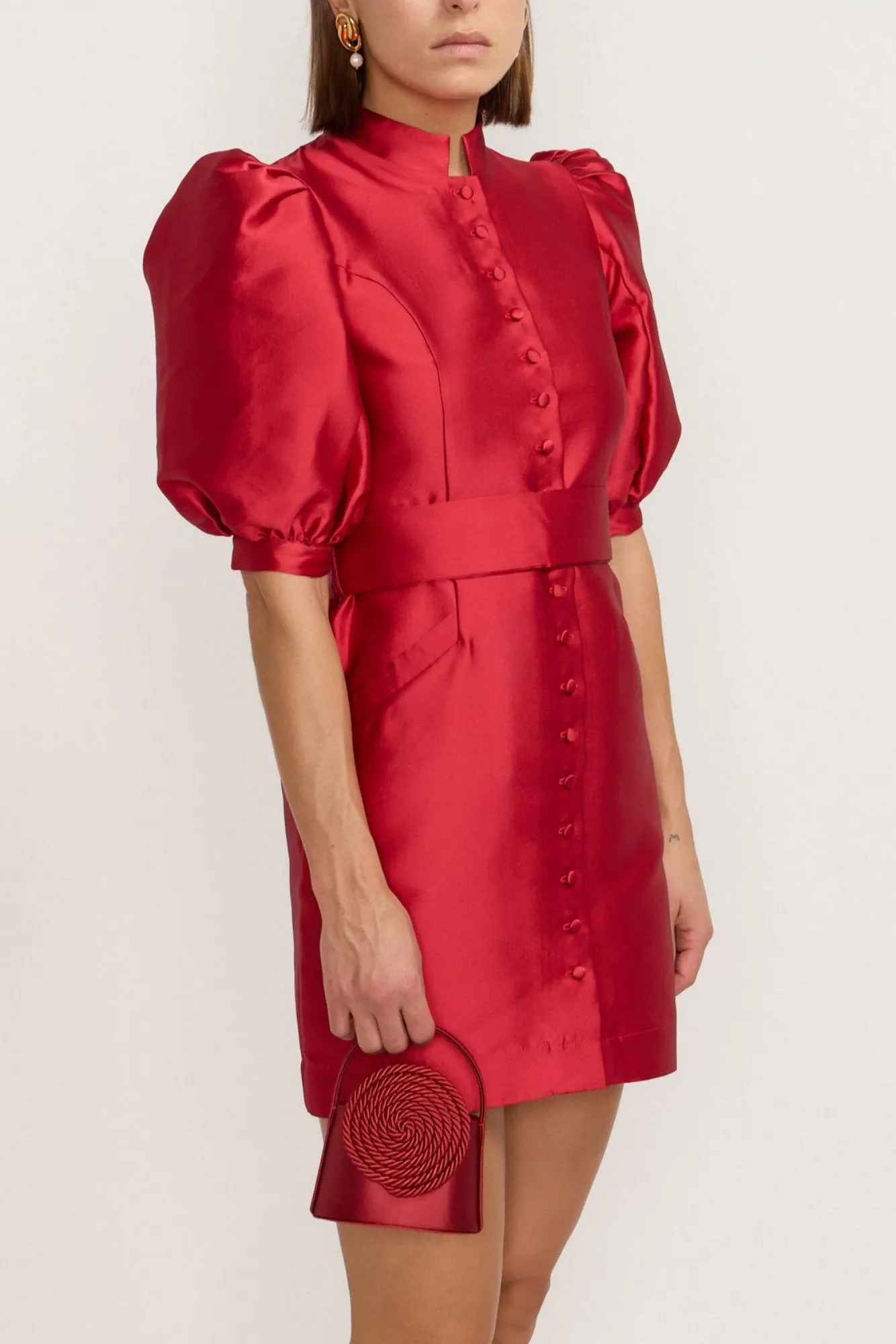 Red satin puff sleeve short dress sold by DESTREE product image thumbnail 2