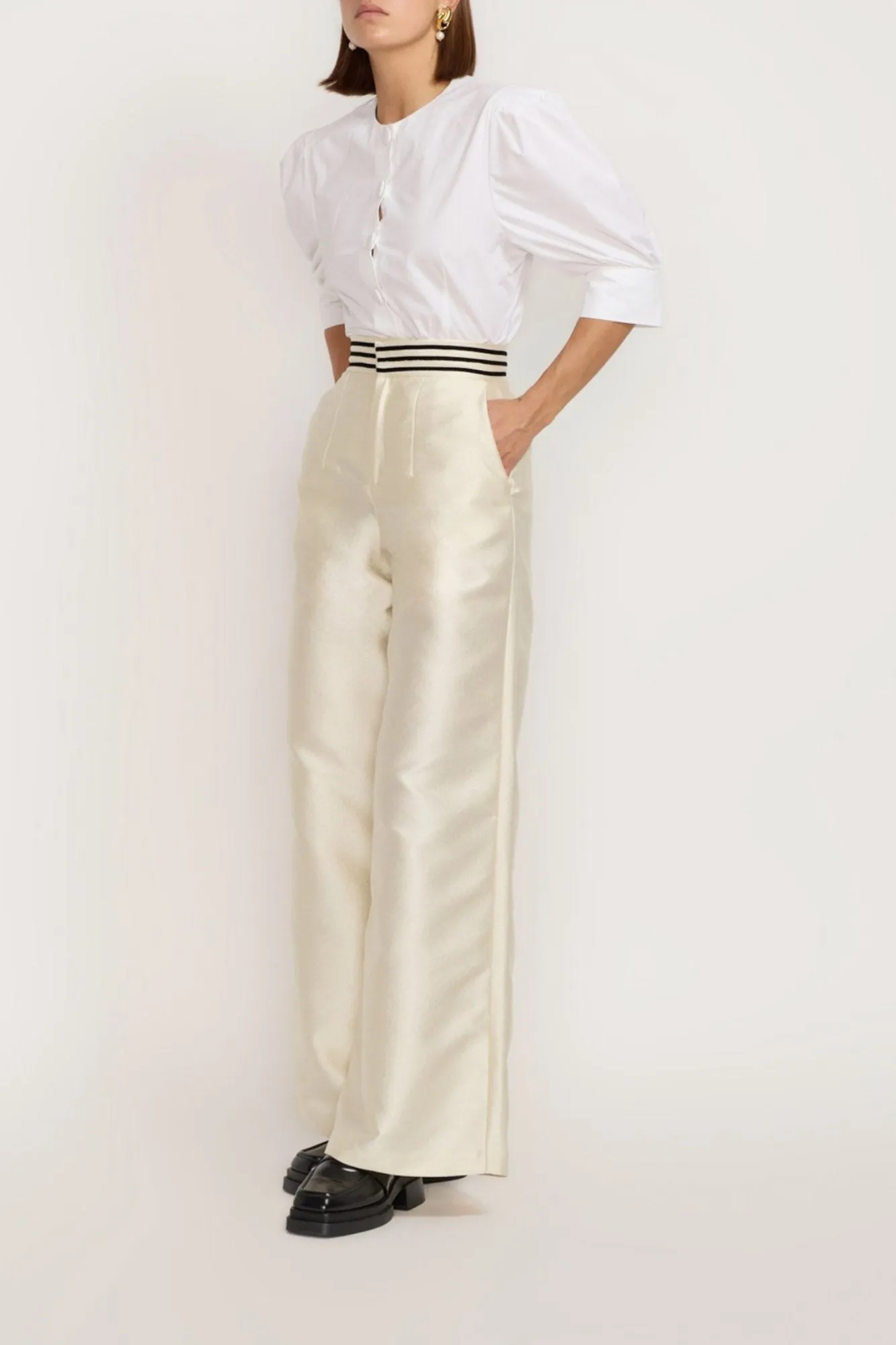 Ecru wide-leg pants with a tailored fit sold by DESTREE product image thumbnail 4