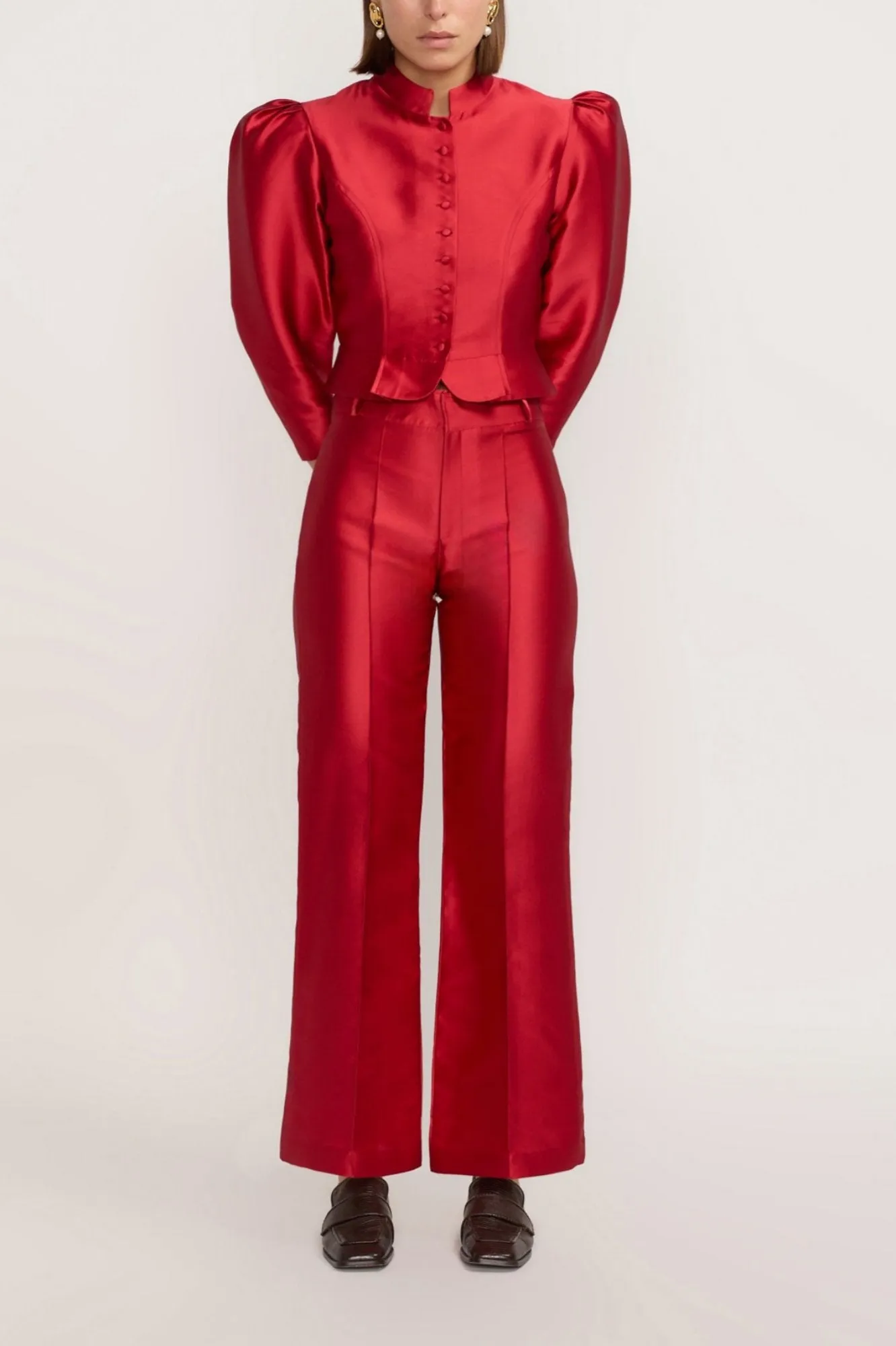 Red satin puff sleeve jacket sold by DESTREE product image thumbnail 2