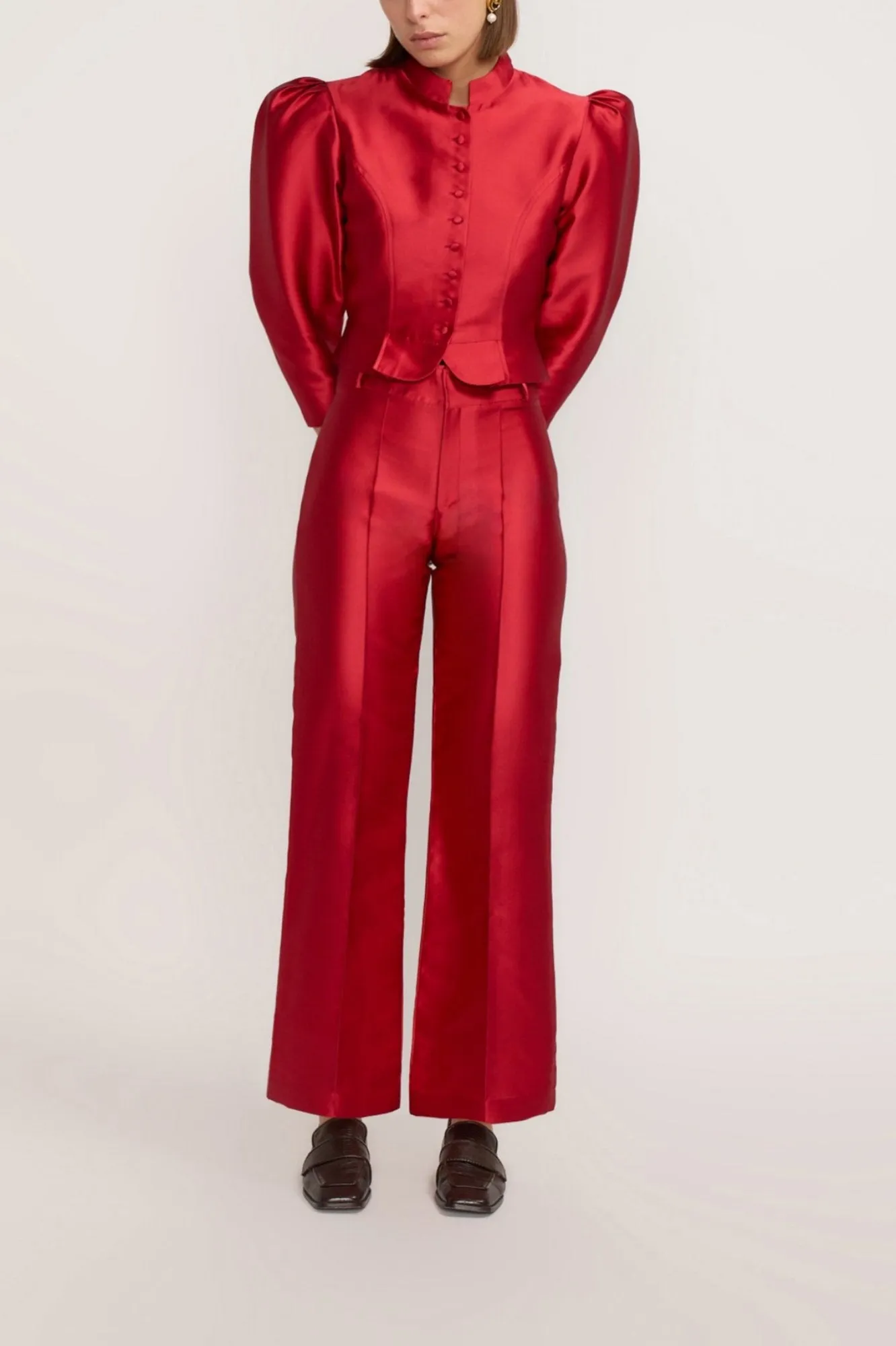 Red satin puff sleeve jacket sold by DESTREE product image thumbnail 3