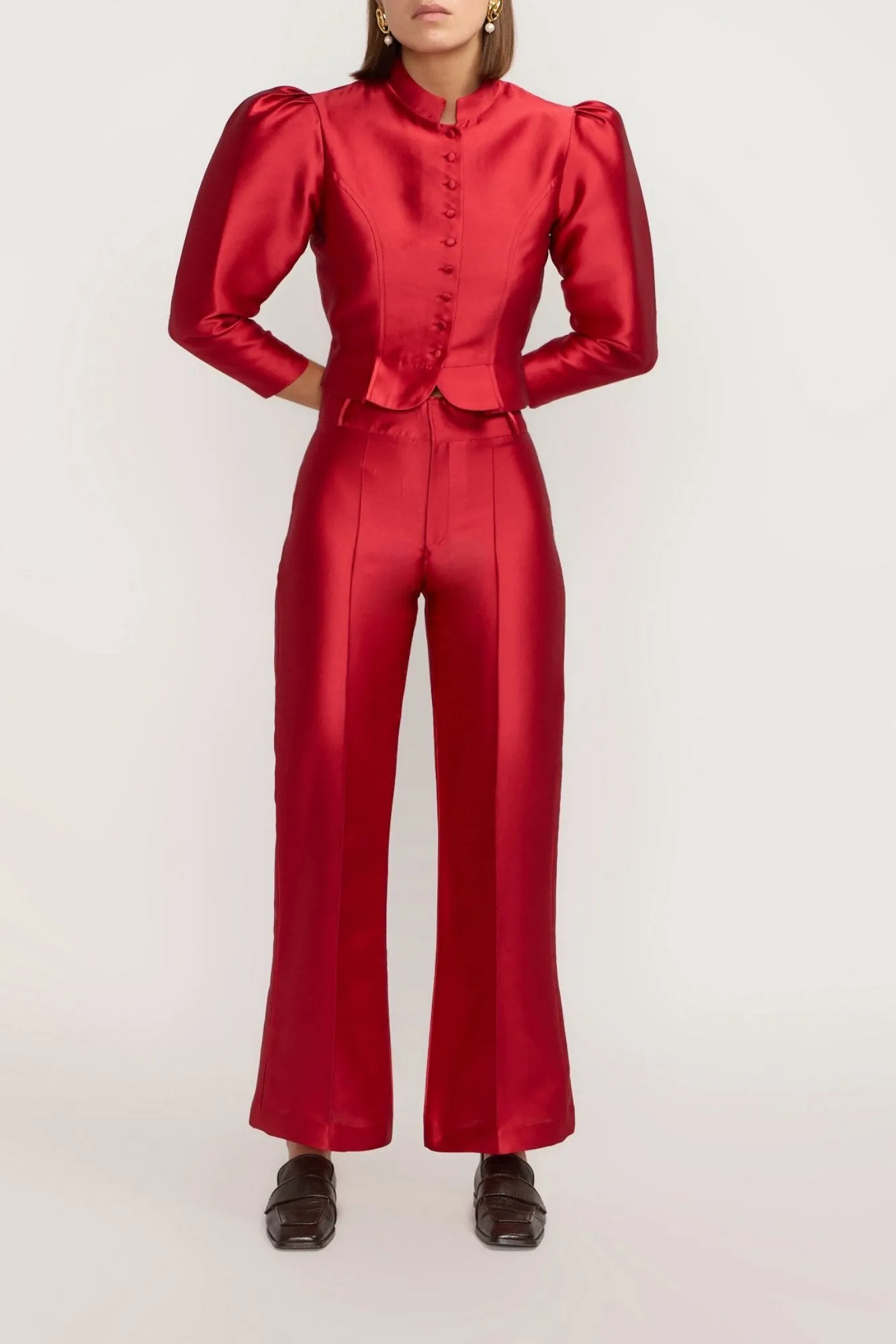Red satin puff sleeve jacket sold by DESTREE product image thumbnail 4