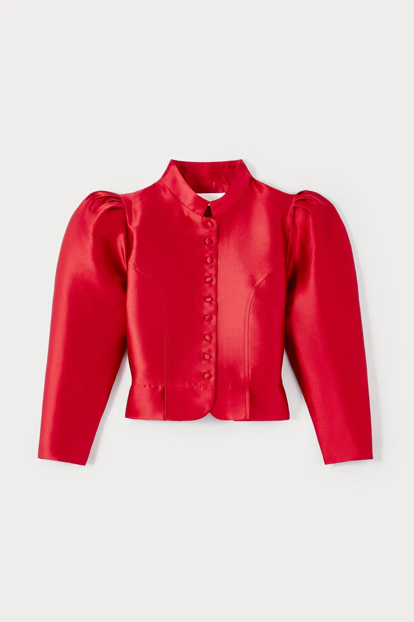 Red satin puff sleeve jacket sold by DESTREE