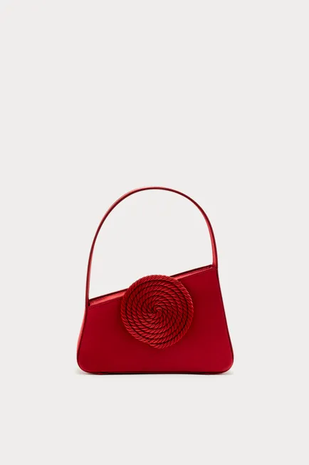 Red asymmetric satin passementerie mini bag sold by DESTREE
