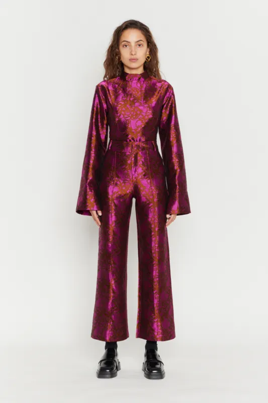 FUCHSIA & BROWN SATIN JACQUARD Flared Pants sold by DESTREE