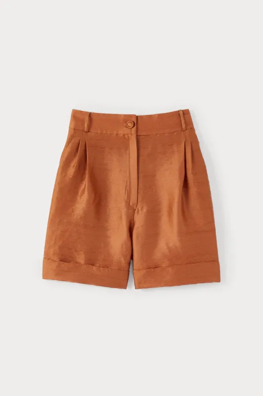 Camel textured high-waisted satin shorts sold by DESTREE